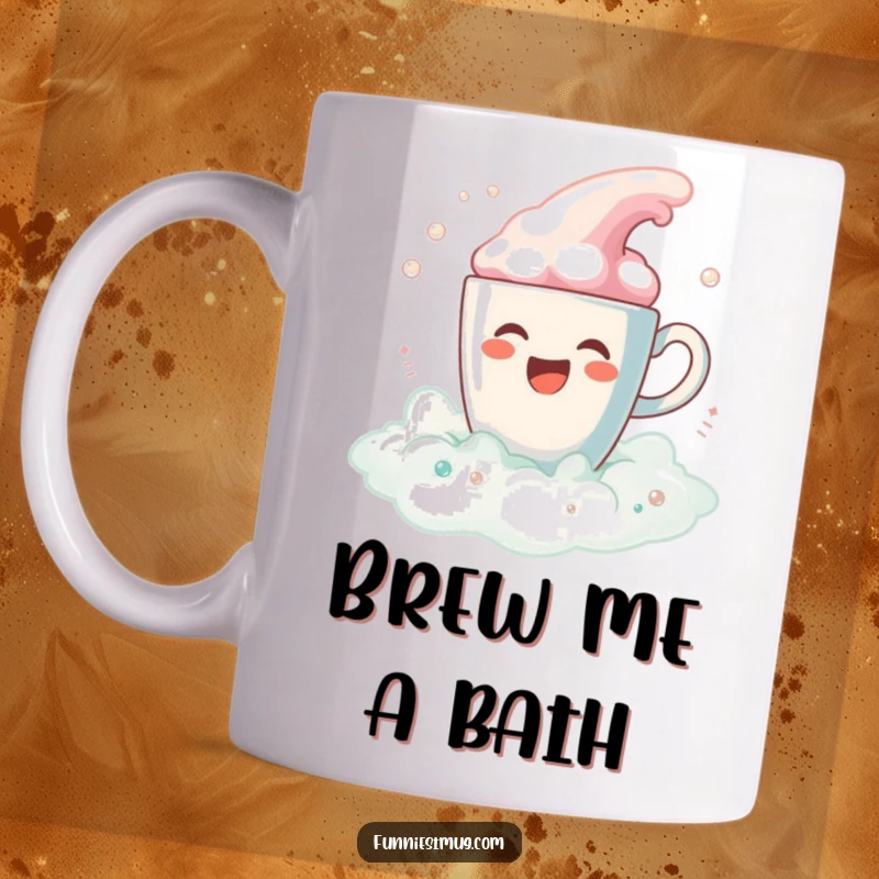 Funny Coffee Bath Spill Mug: A joyful coffee cup spills colorful bubbles like a foam bath, perfect for morning laughs.
