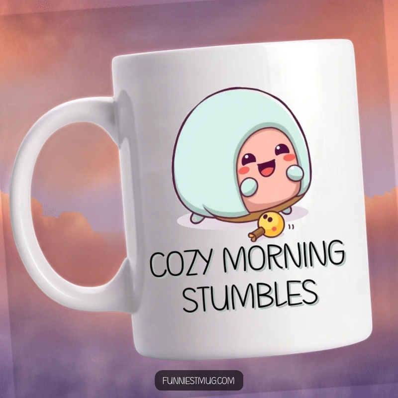 Funny Kawaii house slipper character comically tripping over a toy, capturing a relatable and humorous moment on a mug.