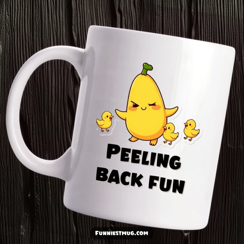 Funny mug showing a plump banana character winking and juggling tiny rubber chickens, a whimsical and amusing scene.