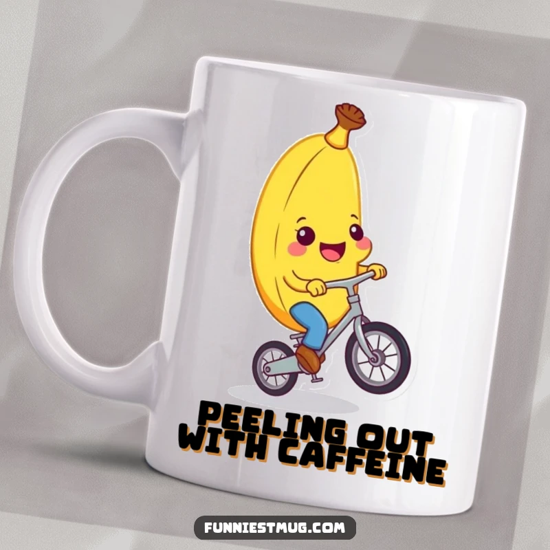 Funny banana character enthusiastically riding a tiny unicycle, looking determined and slightly unstable, perfect for a funny gift.
