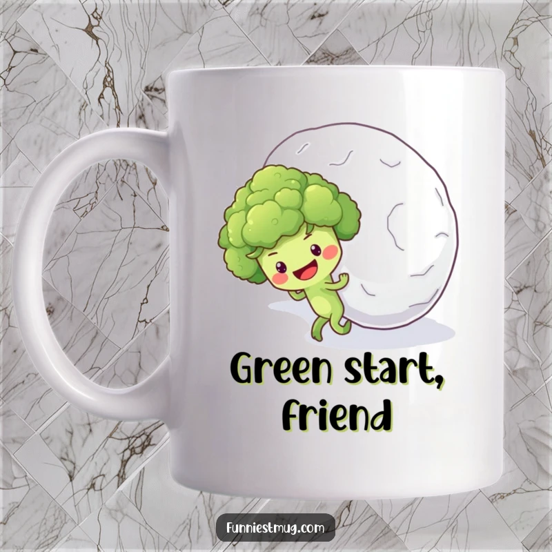 Funny mug showing an optimistic broccoli floret character straining to push a massive snowball uphill, a comical struggle.