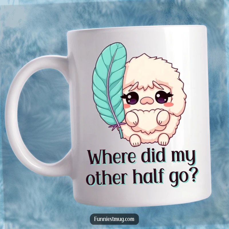 Funny Slipper Mug featuring a bewildered, fluffy slipper character with a giant feather, lost in thought, perfect for a quirky morning.