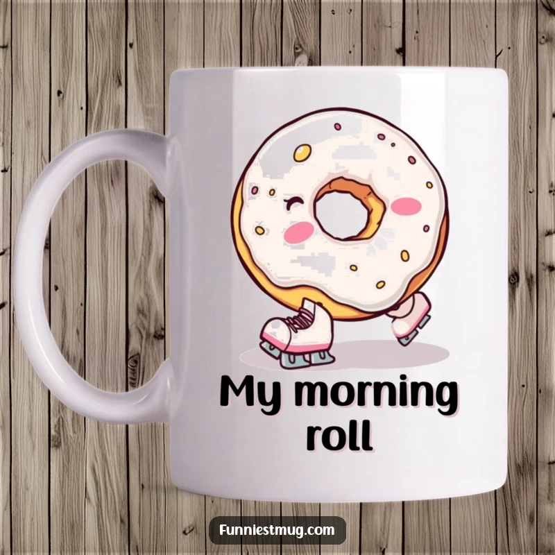 Funny mug depicting a clumsy donut hole wearing tiny skates, comically falling, evoking sweet, relatable awkwardness.