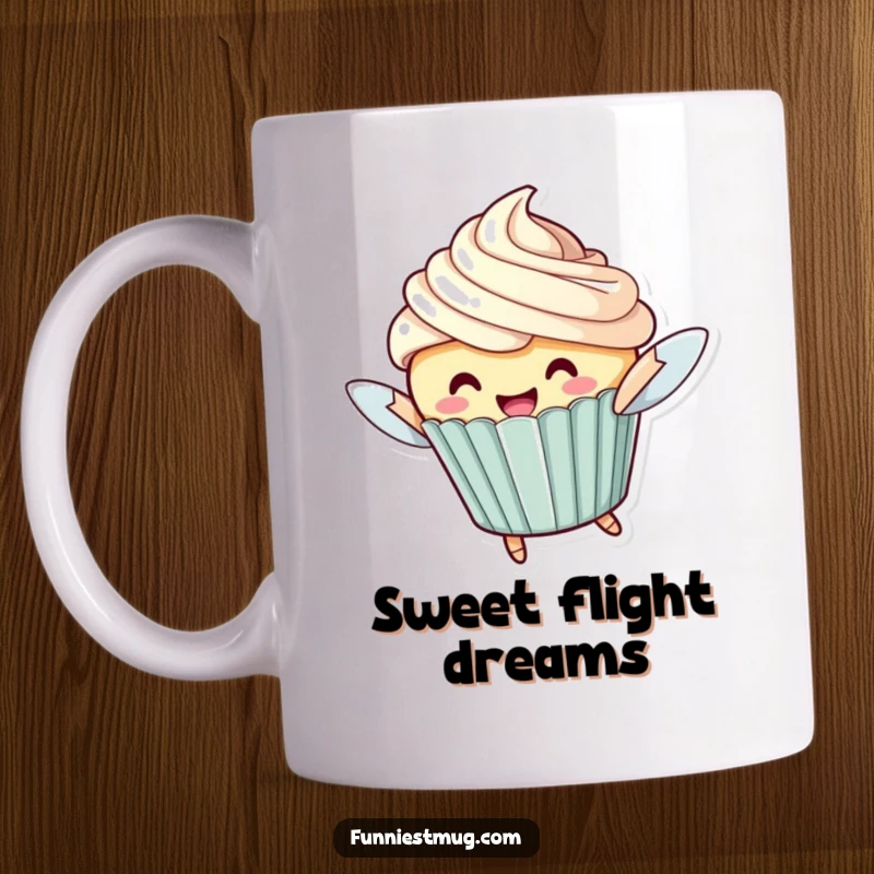 Funny Flying Cupcake Mug: A cheerful cupcake character with oversized frosting attempting to fly, perfect for a sweet gift.