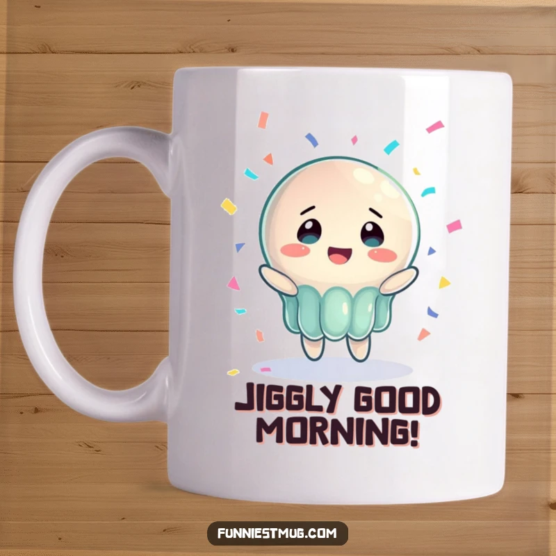 Funny Jelly Joy Mug featuring a wobbly jelly character with bewildered joy, trying to catch falling confetti, bringing smiles.
