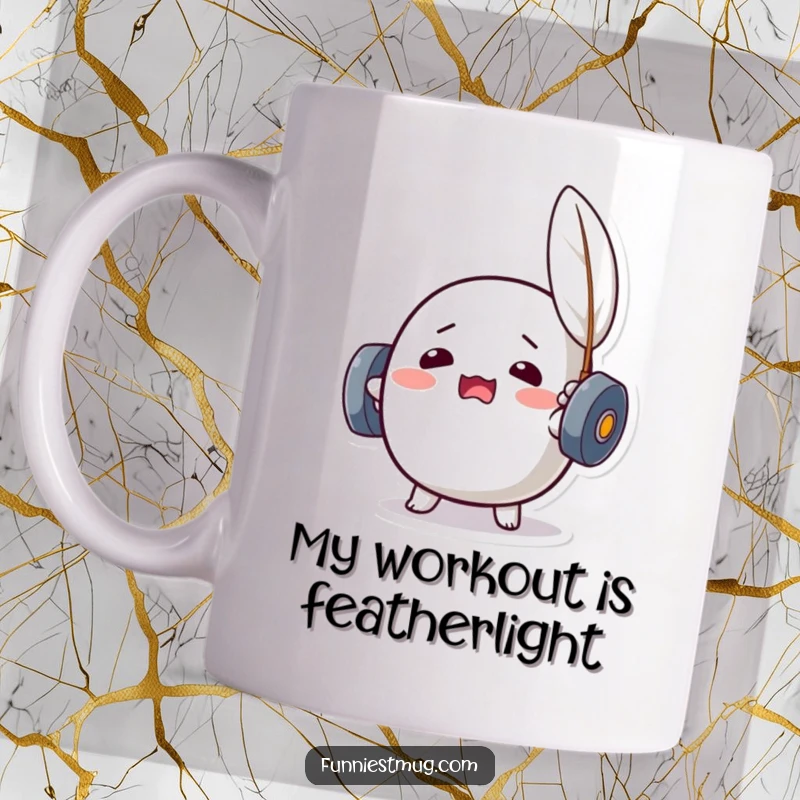 Funny Kawaii dumbbell character straining with all its might to lift a tiny feather, a humorous depiction of effort on a mug.