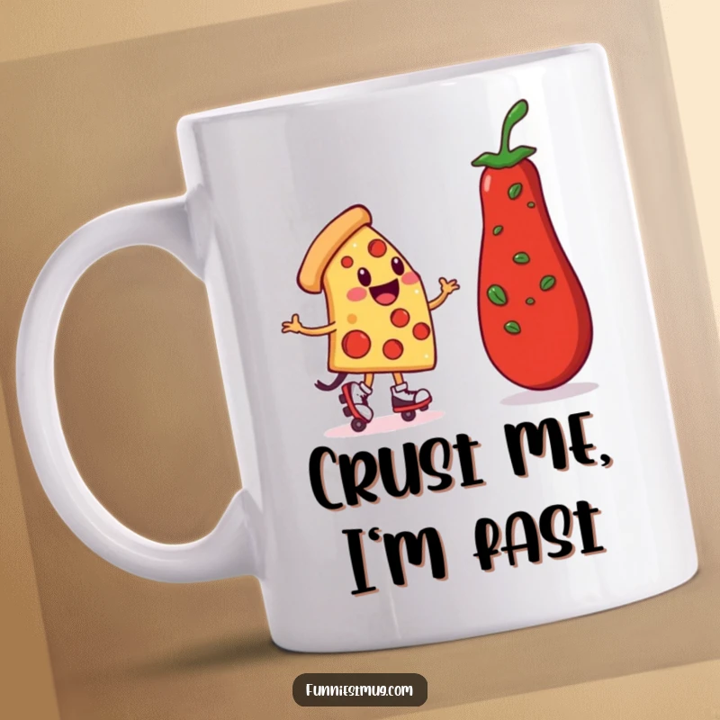 Funny Pizza Roller Skater Mug: A smiling pizza slice skates precariously on tiny wheels, aiming for a big pepperoni, perfect for humor.
