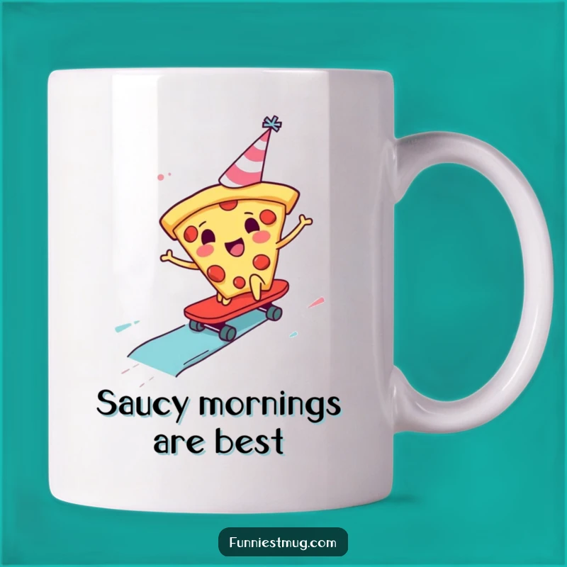 Funny Pizza Skater Mug: Cheerful Slice Party Hat Chaos Gift