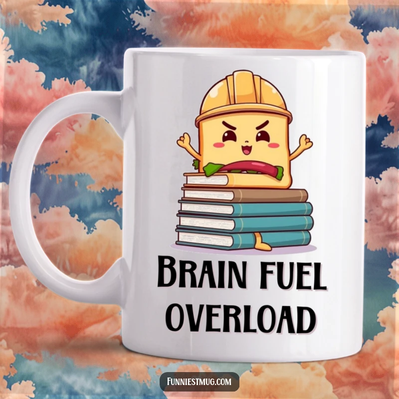Funny Sandwich Book Balance Mug: A determined sandwich in a hard hat precariously balances wobbly books, a humorous study gift.