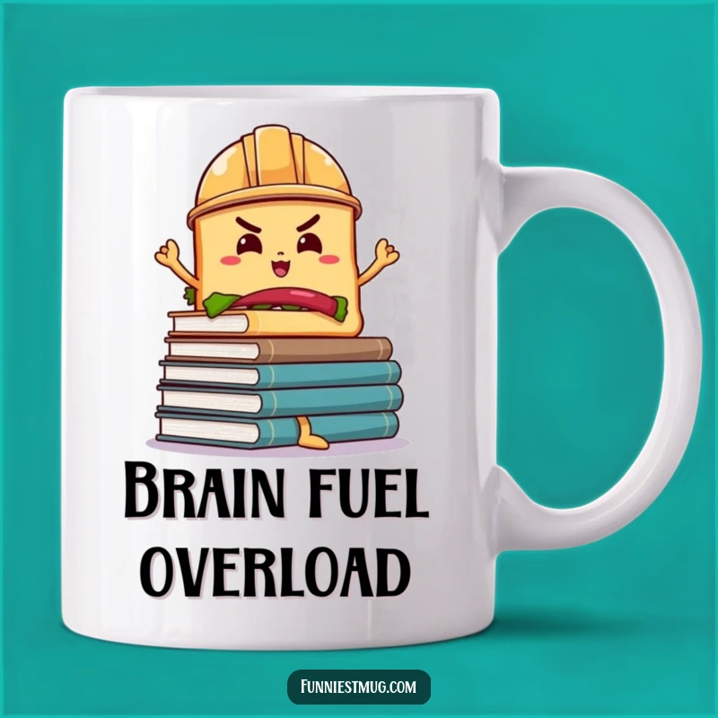 Funny Sandwich Book Balance Mug: Determined Character's Wobbly Study Gift Idea