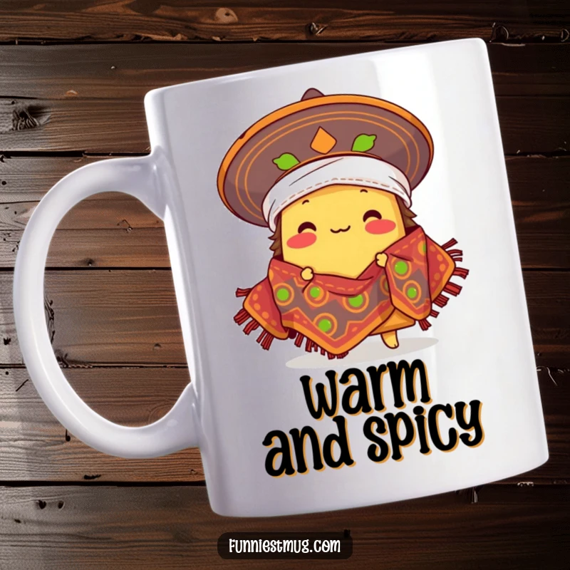 Funny proud taco character comically wearing a sombrero as a blanket, Mexican food humor on a mug.