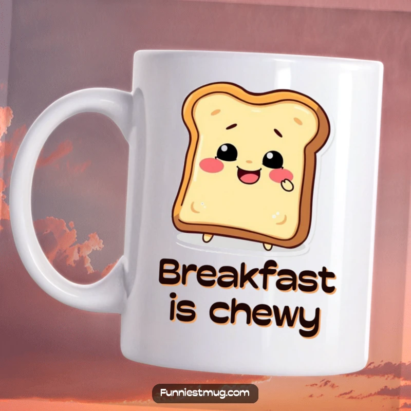 Funny toast slice character comically trying to bite its own crust, depicted on a mug for delightful breakfast humor and funny gifts.