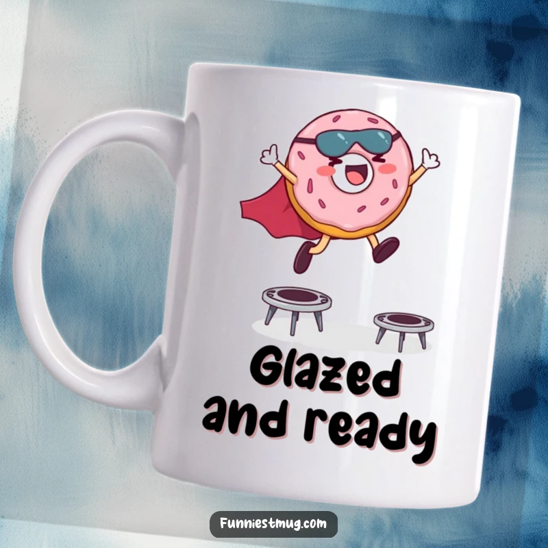 Funny mug featuring a giggling superhero donut in a cape leaping energetically over tiny trampolines, spreading joy.