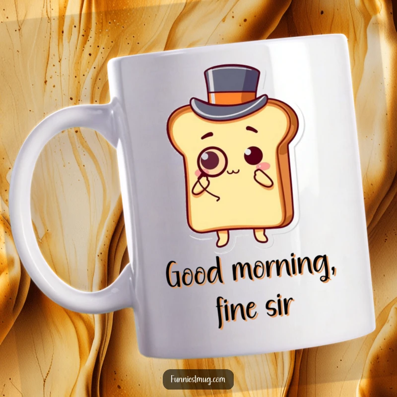 Funny Kawaii slice of toast character wearing a top hat and monocle, elegantly bowing with a charming smile.