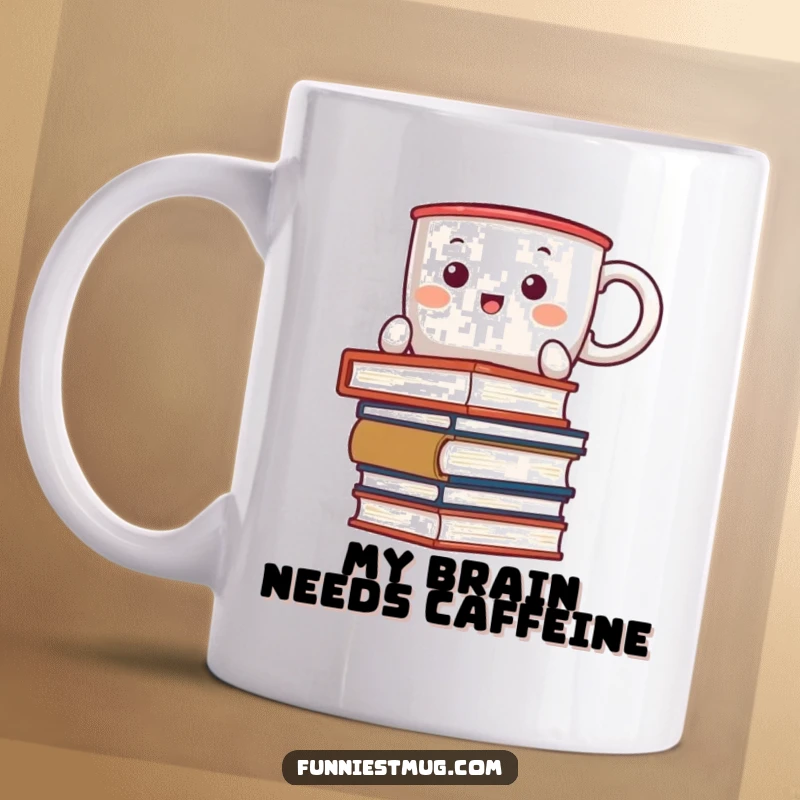 Funny Kawaii coffee mug character comically struggling to balance a tall stack of books, looking overwhelmed and adorable.