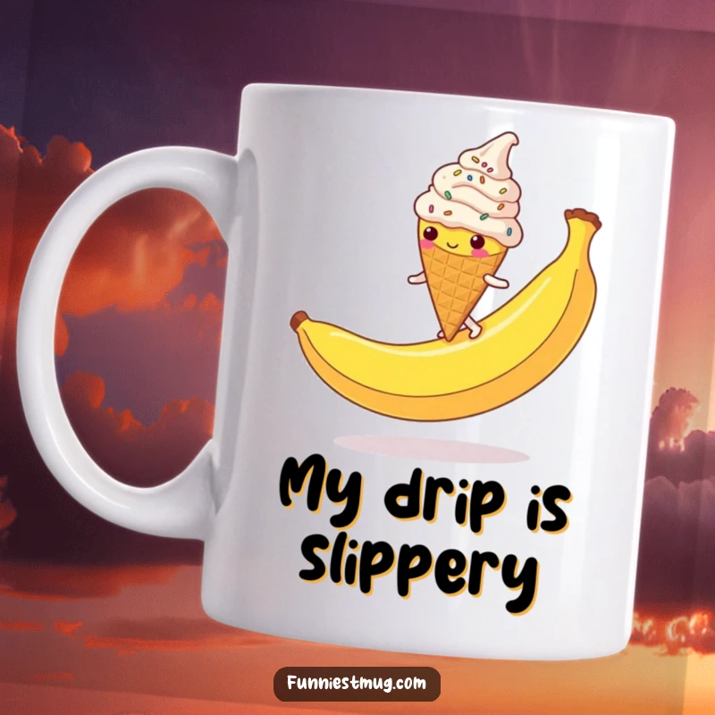 Funny Ice Cream Cone Mug: A clumsy, sprinkle-covered character slips hilariously on a giant banana peel, perfect for a funny gift.