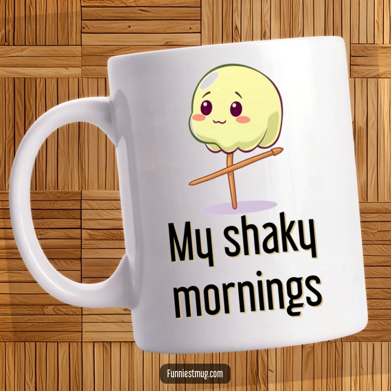 Funny Wobbly Jelly Mug: A wobbly jelly character comically balancing on a toothpick, perfect for a funny gift.