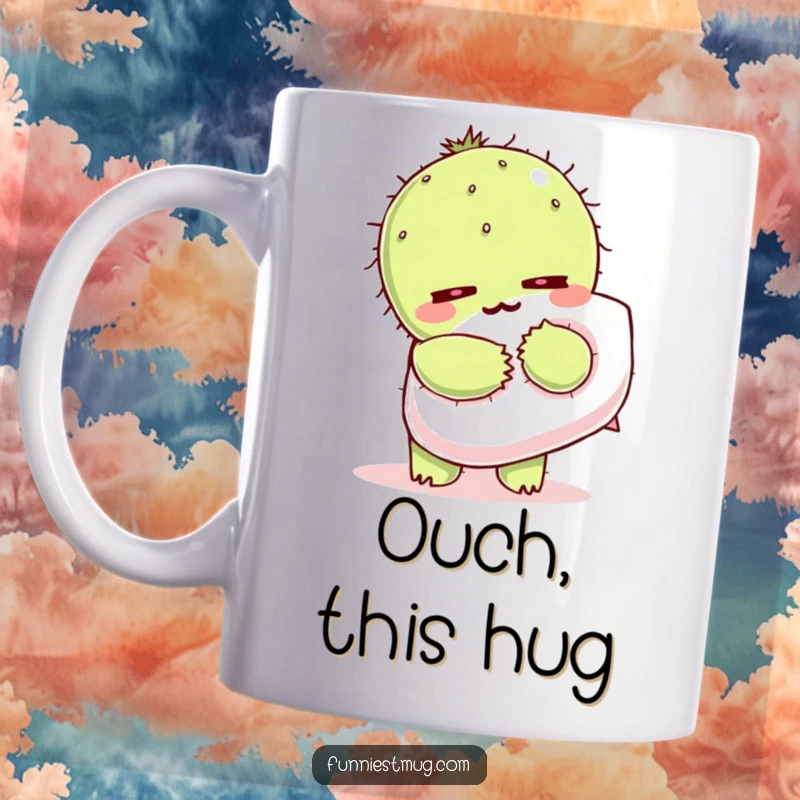 Funny Kawaii cactus character attempting a hug with a soft pillow, wincing from the prickliness.