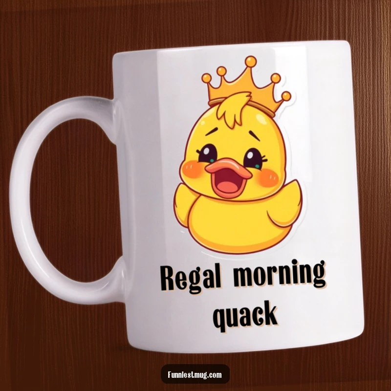 Funny Rubber Ducky Crown Mug: Ceramic mug with a cartoon rubber ducky wearing a golden crown, sporting a shocked overjoyed face, a funny bath time theme.