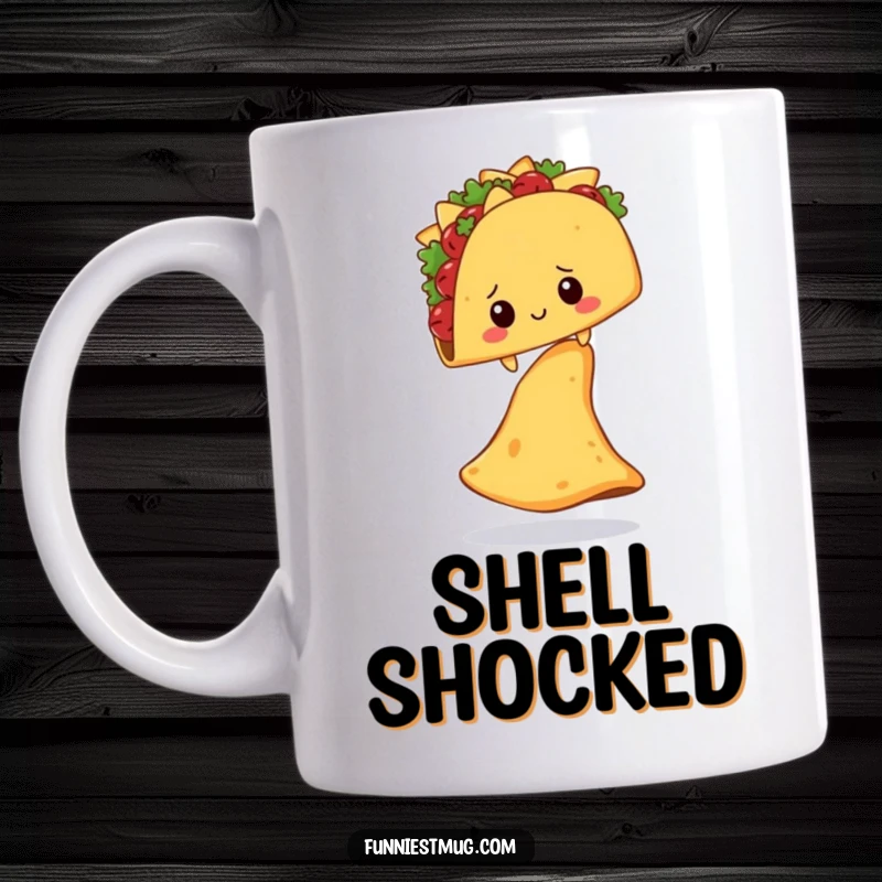 Funny Shy Taco Nacho Chip Mug: A shy taco character balances precariously on a giant nacho chip, ideal funny gift.