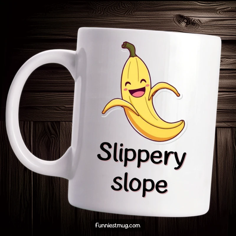 Funny Banana Peel Slip Mug: Ceramic mug depicts a grinning banana peel comically slipping on itself with exaggerated flair, a funny cautionary tale.