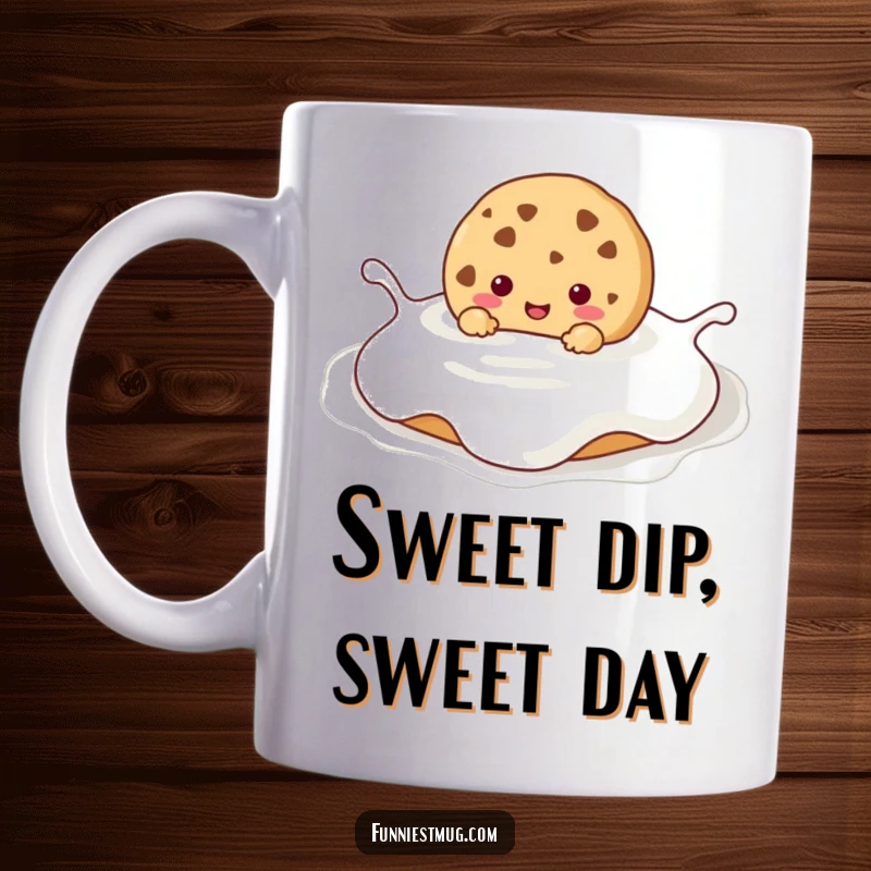 Funny Kawaii cookie character happily submerged in a large milk puddle, creating a humorous and delightful scene on a mug.