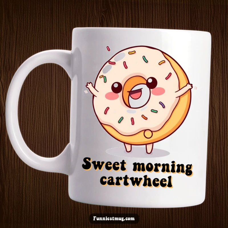 Funny coffee mug featuring a happy donut with sprinkles doing a cartwheel, frosting flying mid-air.