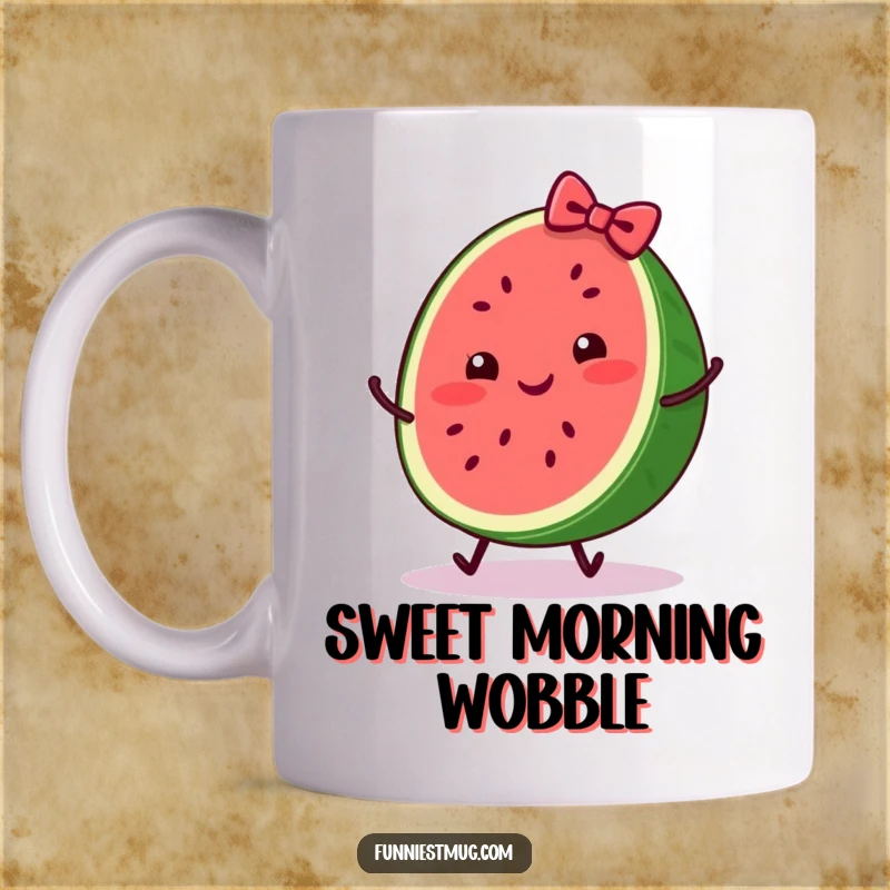Funny mug featuring a cheerful watermelon slice with a small bow, comically tripping, evoking lighthearted clumsiness.