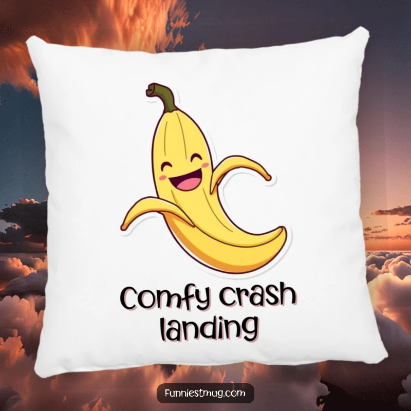 Funny Banana Peel Slip Pillow: Soft decorative pillow with a grinning banana peel in exaggerated slip, offering a funny and cozy accent.