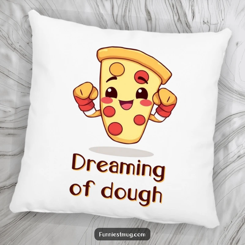 Funny pillow with a happy pizza slice wearing boxing gloves and flexing, adding comfort and a playful punch.