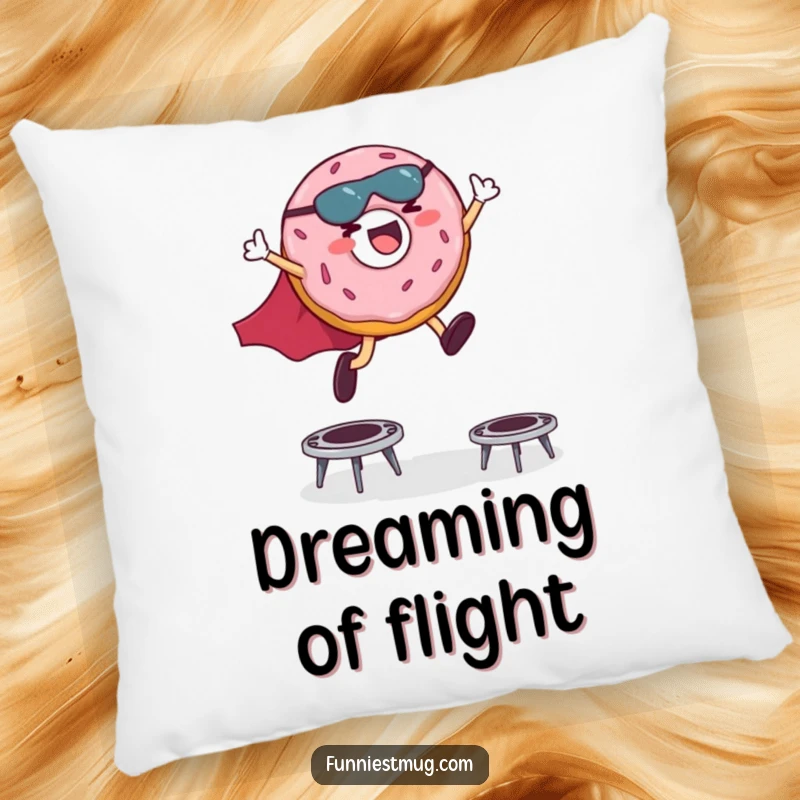Funny pillow design of a giggling donut character wearing a superhero cape, joyfully leaping over small trampolines.
