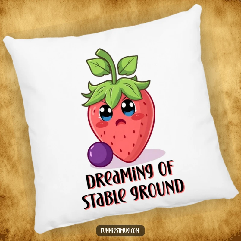 Funny strawberry character in a comical slip on a grape, showcased on a plush pillow for comfort and a touch of funny absurdity.