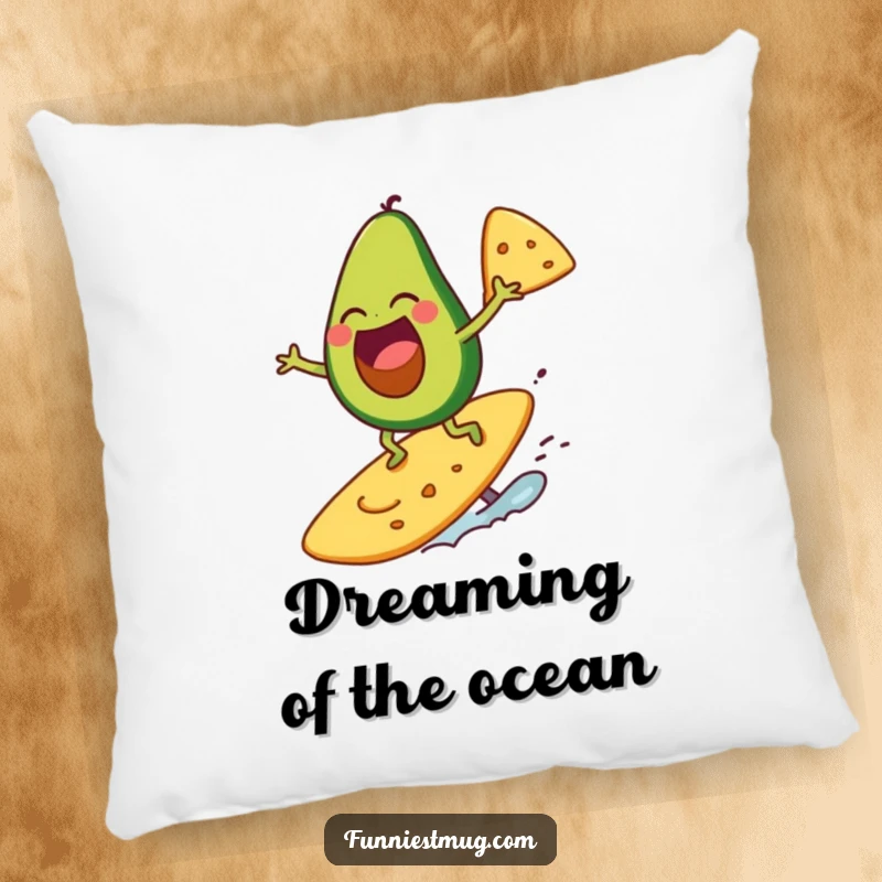 Funny avocado character laughing while surfing on a giant tortilla chip, on a soft pillow.