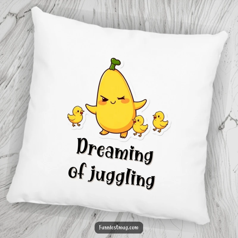 Funny pillow with a mischievous banana character winking and juggling tiny rubber chickens, a soft and humorous decorative item.