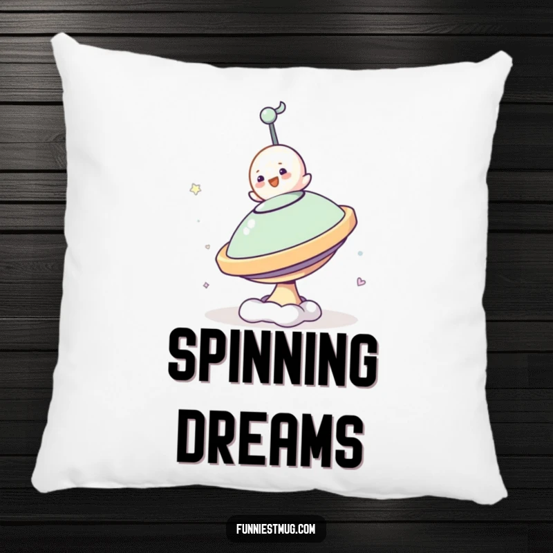 Funny Small Blob Pillow showcasing the character's funny attempt to ride a spinning top, perfect for cozying up with humor.