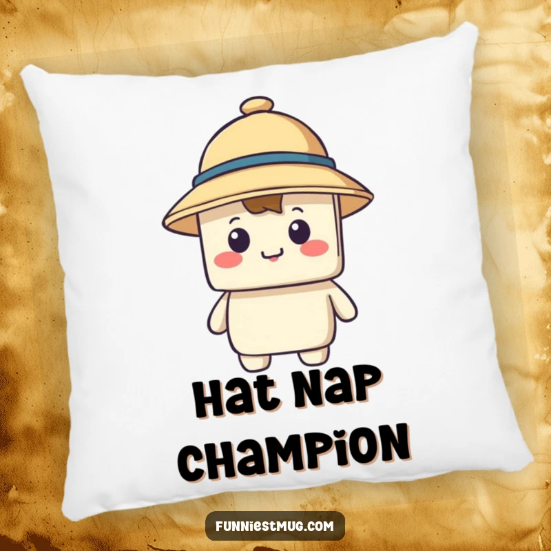 Funny pillow featuring a happy blocky character attempting to wear a comically large hat that covers its entire face.