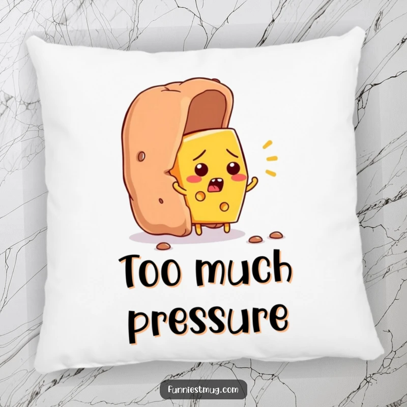 Funny cheese slice character flustered, trying to escape a giant cracker, humorous food art on a soft pillow.