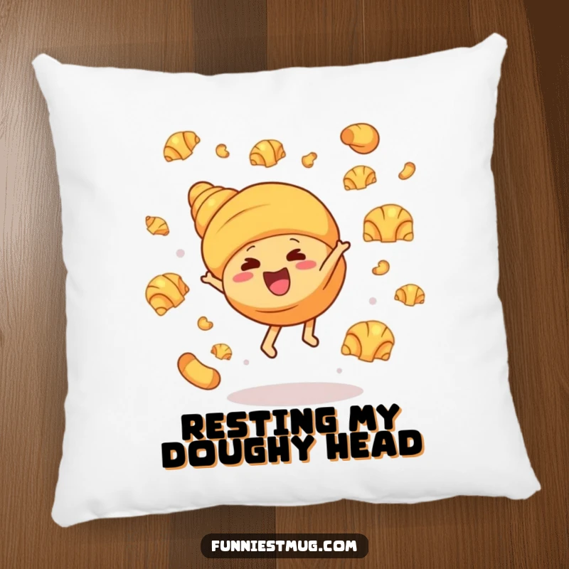 Funny pillow featuring a delightful croissant character doing a cartwheel, surrounded by flying butter croissants, adding a humorous bakery vibe to any room.