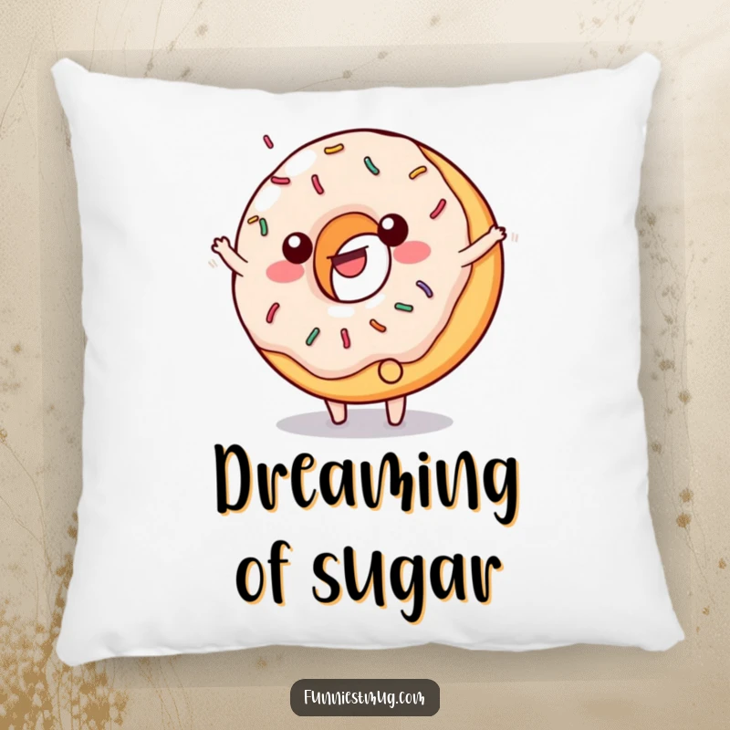 Funny decorative pillow featuring a happy, sprinkled donut doing a cartwheel with frosting flying.