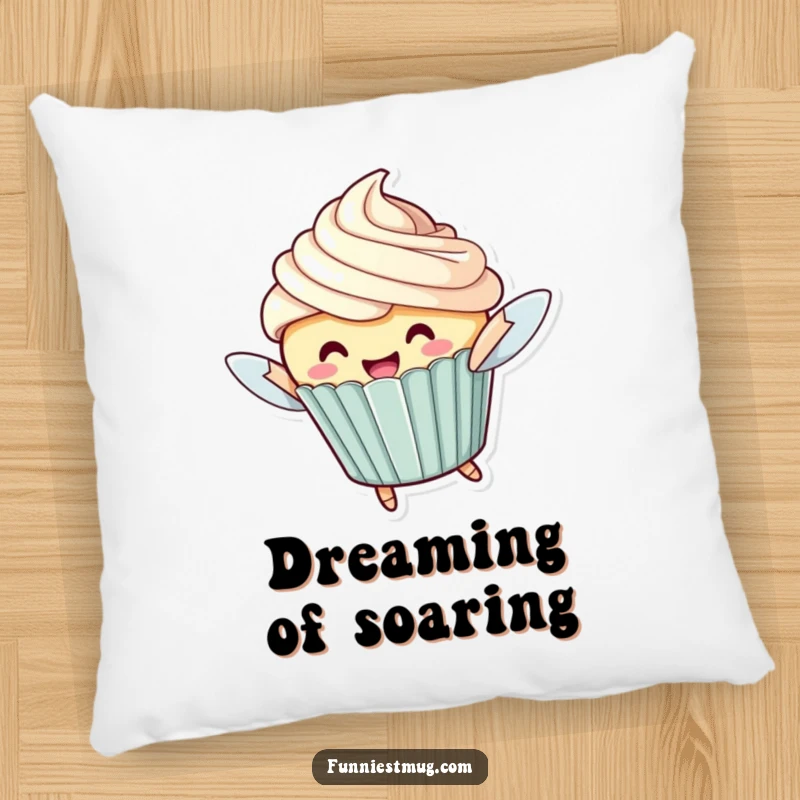 Funny Flying Cupcake Pillow: A cheerful cupcake character with oversized frosting attempting to fly, soft and decorative.