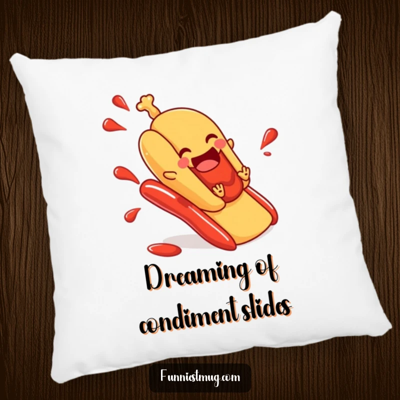 Funny hot dog pillow showcasing a hot dog in a bun sliding down a ketchup slide, a comfortable and humorous decorative piece.