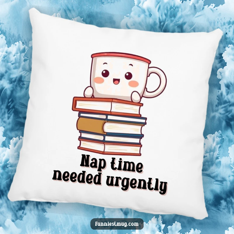 Funny Kawaii pillow showcasing a coffee mug character comically attempting to balance a precarious stack of books, perfect for lounging.