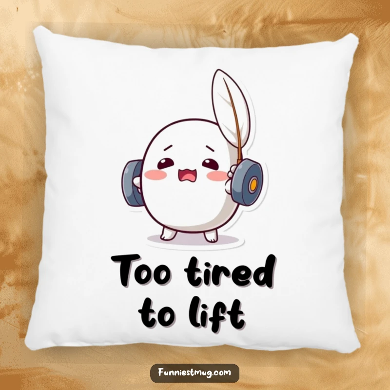 Funny Kawaii dumbbell character looking strained while trying to lift a feather, offering soft and humorous comfort on a pillow.