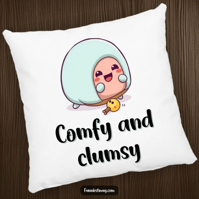 Funny Kawaii house slipper character hilariously tripping over a toy, offering soft and humorous comfort on a pillow.