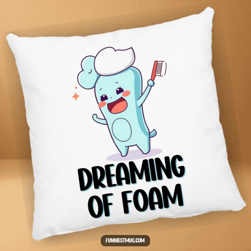 Funny Kawaii toothbrush character on a pillow, comically trying to brush a fluffy cloud drifting overhead, a soft and humorous decorative item.