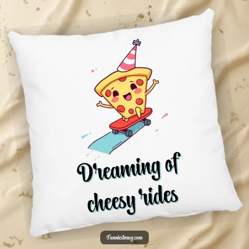 Funny Pizza Skater Pillow with a cheerful pizza slice wearing a party hat, skateboarding down a sauce slide, offering plush comfort and humor.