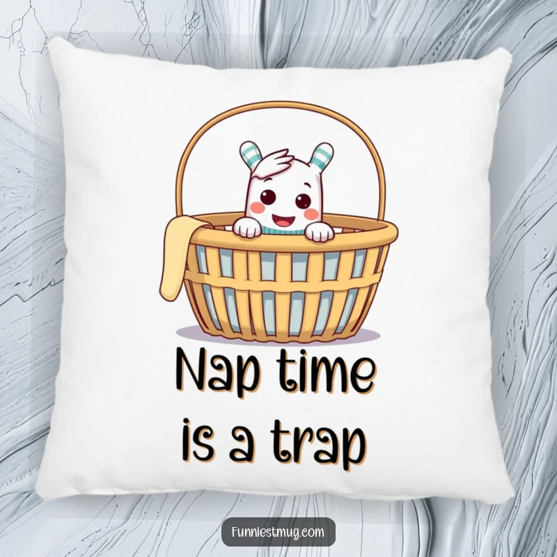 Funny pillow featuring a cheeky sock puppet peeking from an empty laundry basket, ready to bring cozy mischief.