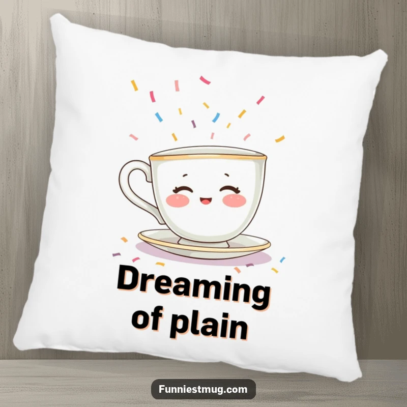 Funny pillow featuring a shy teacup character with rosy cheeks being overwhelmed by a flood of tiny, colorful sprinkles. Soft and humorous.