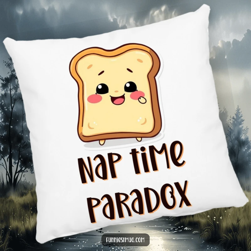 Funny toast slice character trying to bite its crust on a plush pillow, offering comfort and a dose of funny absurdity.