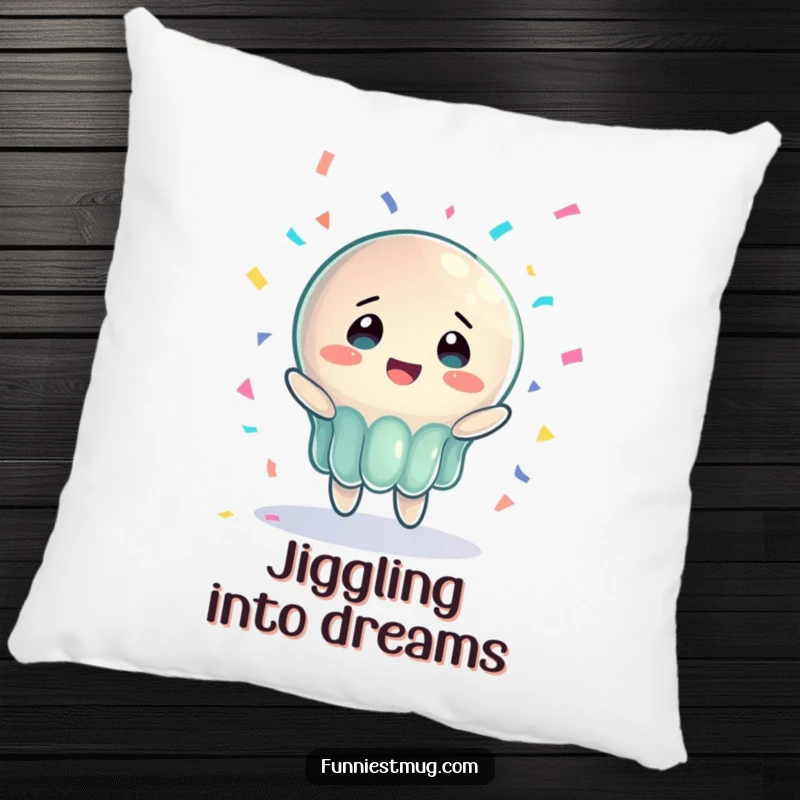 Funny Jelly Joy Pillow with a wobbly jelly character in bewildered joy, catching confetti, offering soft comfort and humorous appeal.